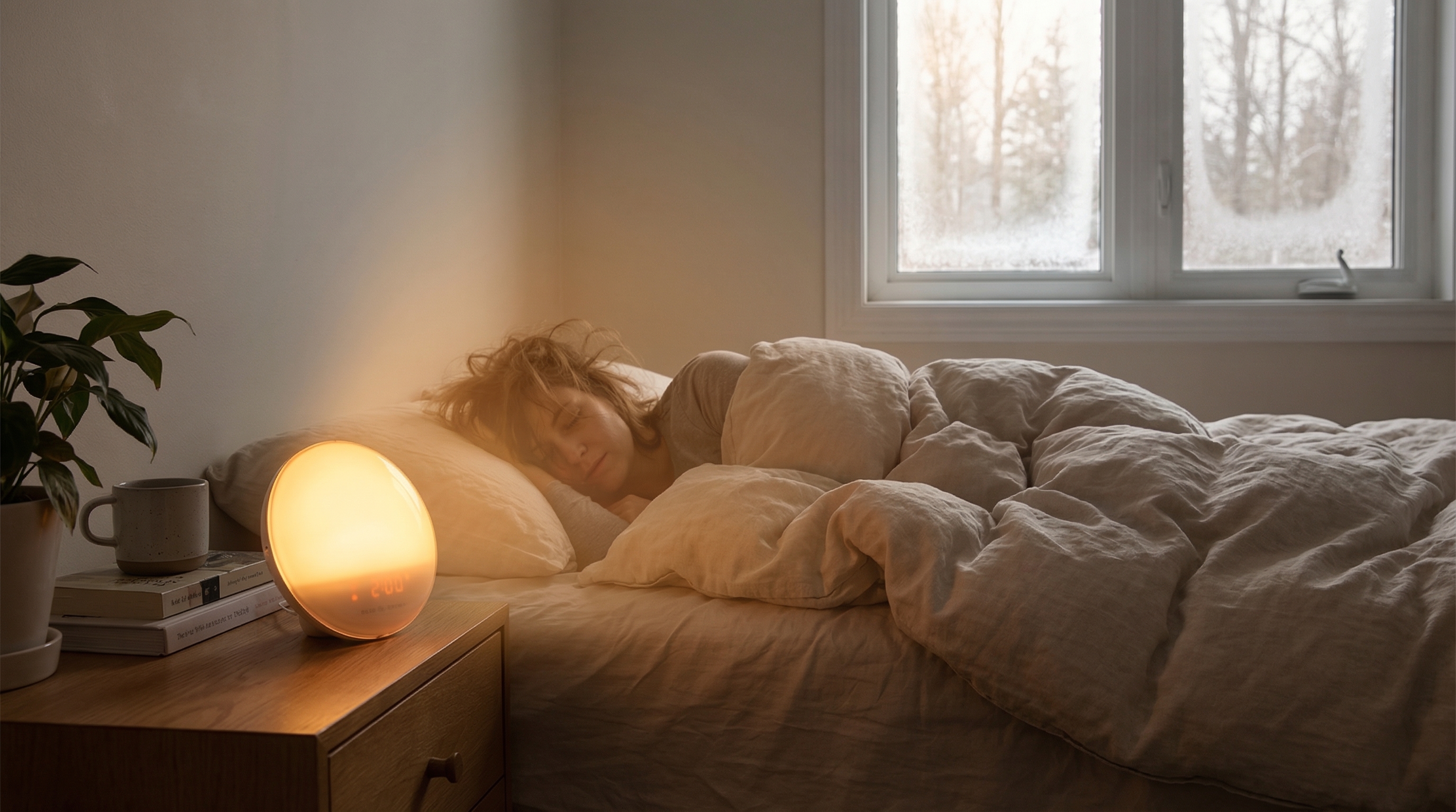 Warm sunrise-style light therapy alarm clock glowing on a bedroom nightstand in a realistic early-morning scene